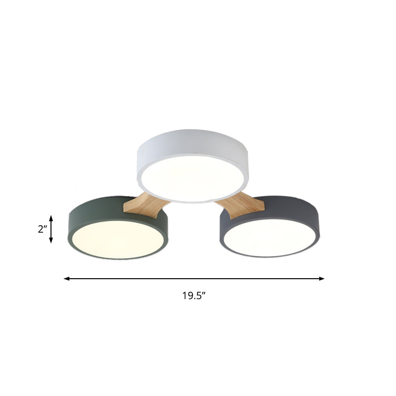 Nordic Wood And Metal Flush Ceiling Light - Round Grey Shade 3/4/5 Lights Ideal For Bedroom