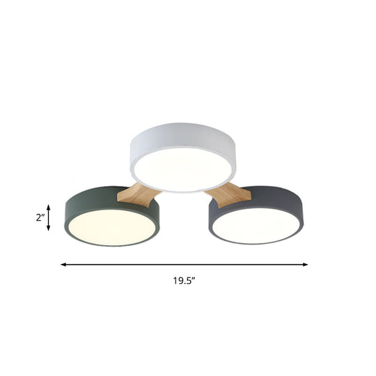 Nordic Wood And Metal Flush Ceiling Light - Round Grey Shade 3/4/5 Lights Ideal For Bedroom