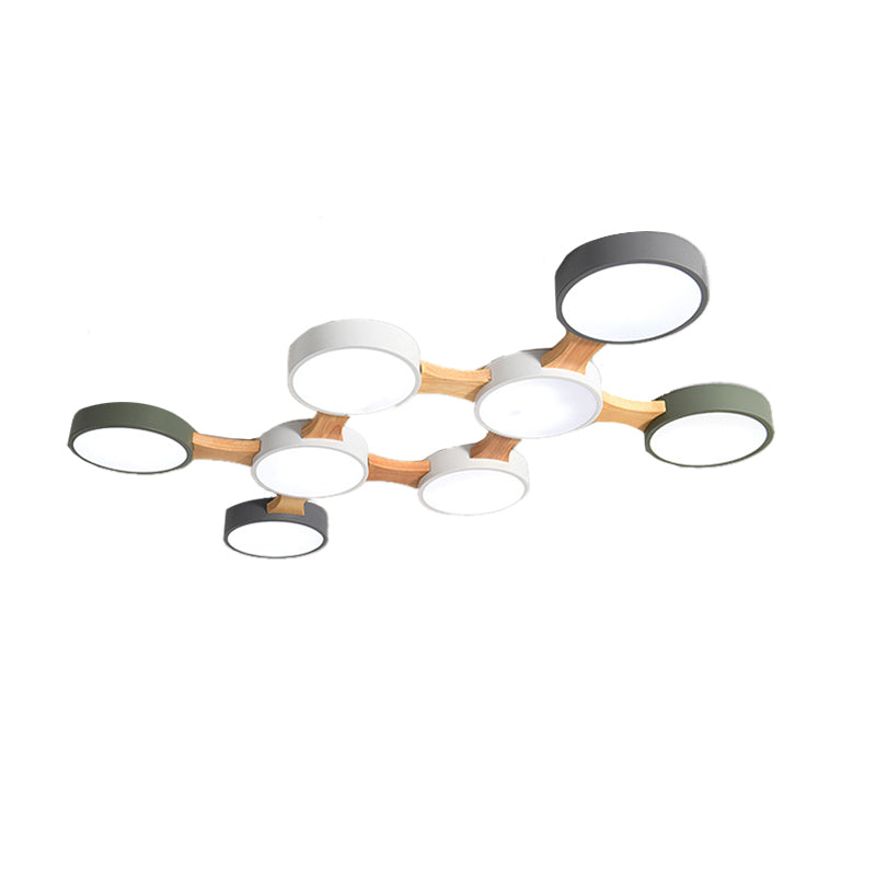 Nordic Wood And Metal Flush Ceiling Light - Round Grey Shade 3/4/5 Lights Ideal For Bedroom