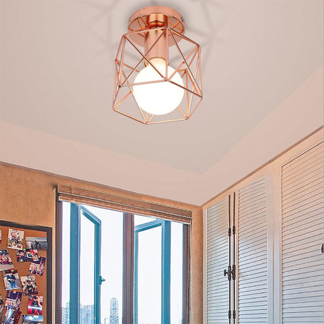 Copper Iron Loft Style Semi Flush Mount Light With Geometric Cage Shade - Bedroom Ceiling Fixture