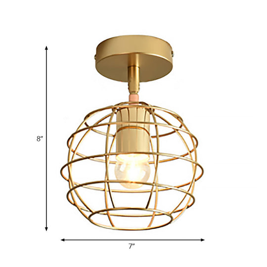 Triangle Brass Semi - Flush Bedroom Ceiling Lamp With Industrial Wire Frame
