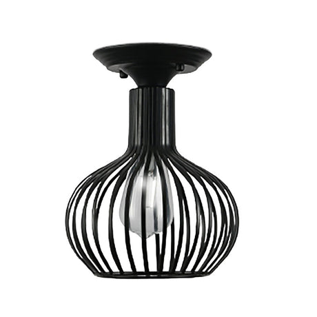 Retro Loft Globe/Pear Cage Ceiling Fixture - Metallic Semi-Flush Mount Light In Black For Hallway