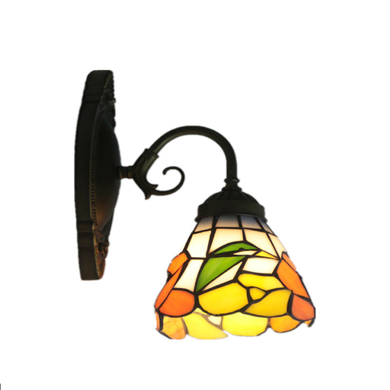 Victorian Peony Stained Glass Sconce Light With Arm - Black Wall Mount