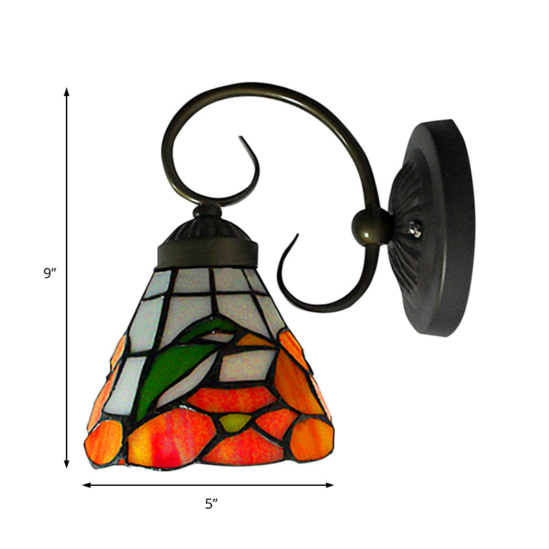 Victorian Peony Stained Glass Sconce Light With Arm - Black Wall Mount