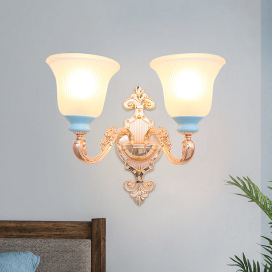 Vintage Swirled Arm Wall Light - Gold Metal Mounted Lighting With Frosted Ribbed Glass Shade 2 /