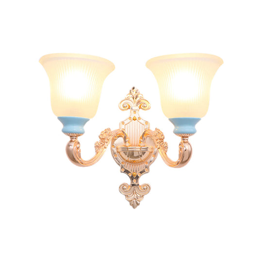 Vintage Swirled Arm Wall Light - Gold Metal Mounted Lighting With Frosted Ribbed Glass Shade