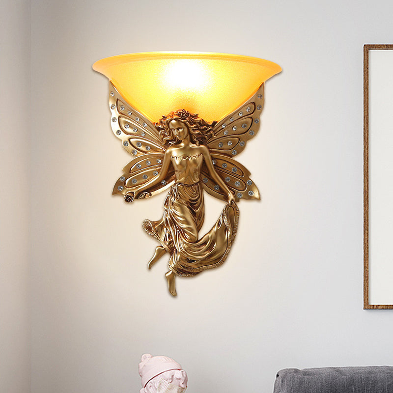 Country Half-Bowl Opal Glass Wall Sconce With Resin Angel - White/Gold Gold / Right