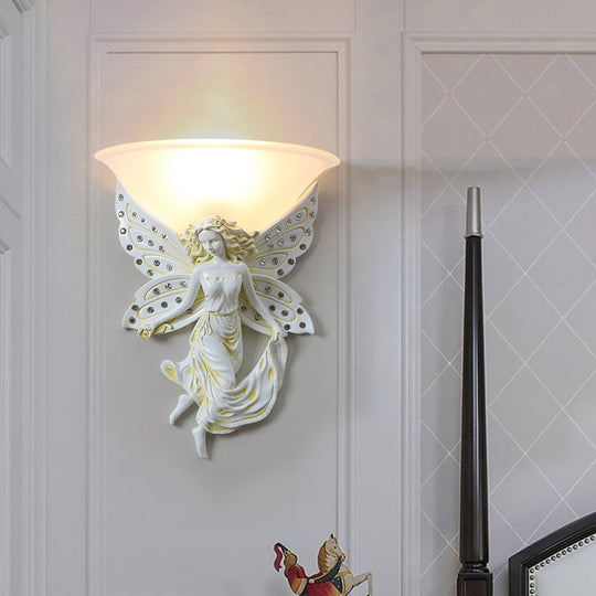 Country Half-Bowl Opal Glass Wall Sconce With Resin Angel - White/Gold