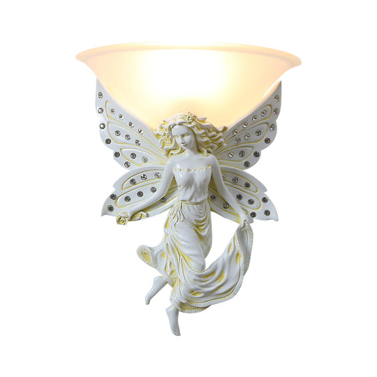 Country Half-Bowl Opal Glass Wall Sconce With Resin Angel - White/Gold