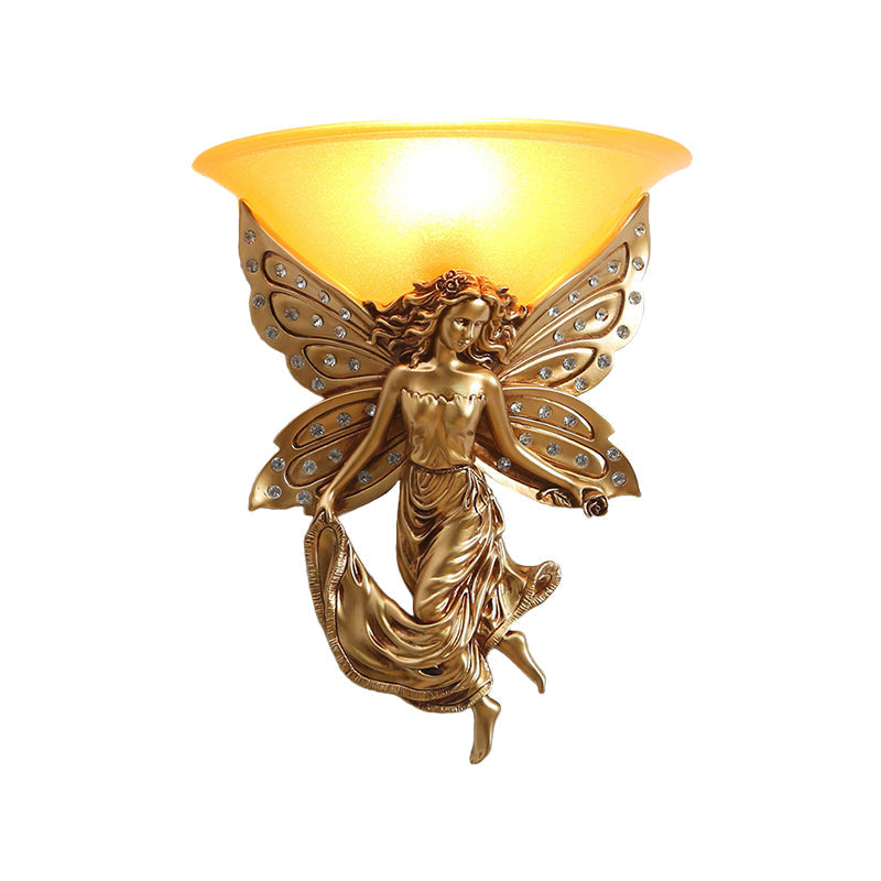 Country Half-Bowl Opal Glass Wall Sconce With Resin Angel - White/Gold