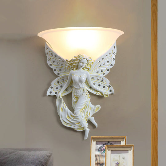 Country Half-Bowl Opal Glass Wall Sconce With Resin Angel - White/Gold