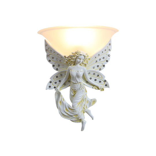 Country Half-Bowl Opal Glass Wall Sconce With Resin Angel - White/Gold