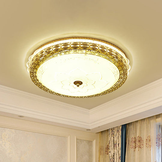 Opaline Glass Drum Flush Mount With Gold Led And Elegant Floral Pattern