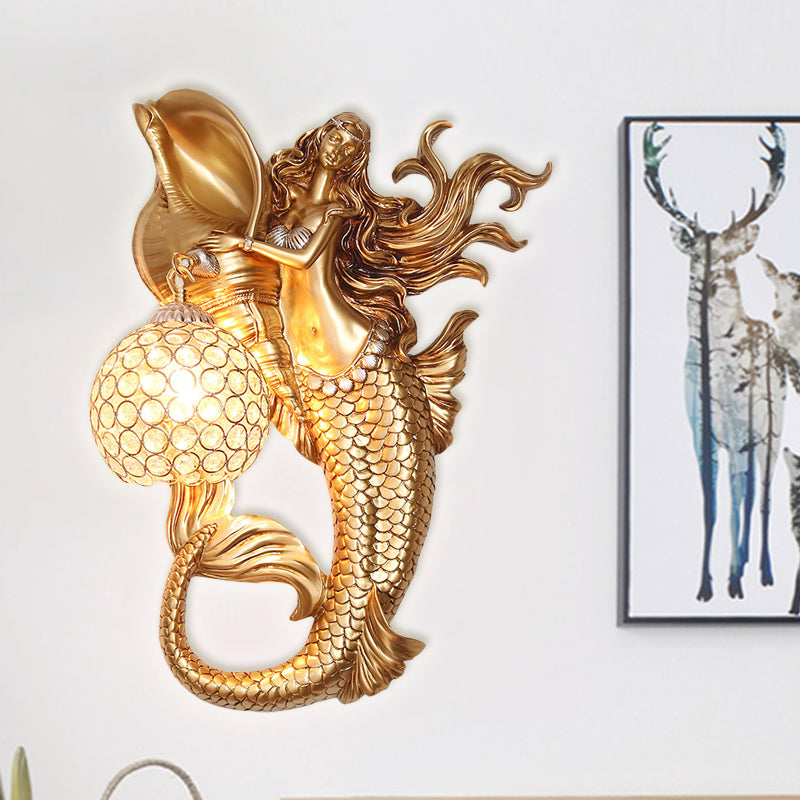 Farmhouse Sconce Light With Clear Beveled Crystal And Mermaid Design In Blue/Gold - Wall Mounted