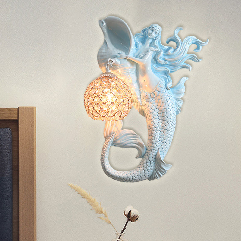 Farmhouse Sconce Light With Clear Beveled Crystal And Mermaid Design In Blue/Gold - Wall Mounted