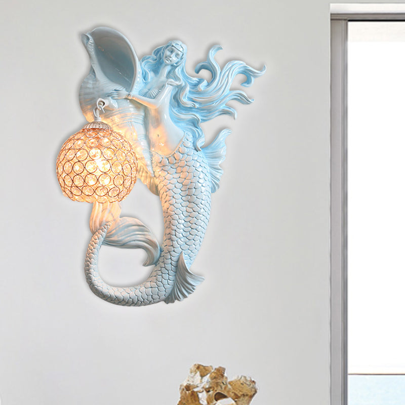Farmhouse Sconce Light With Clear Beveled Crystal And Mermaid Design In Blue/Gold - Wall Mounted