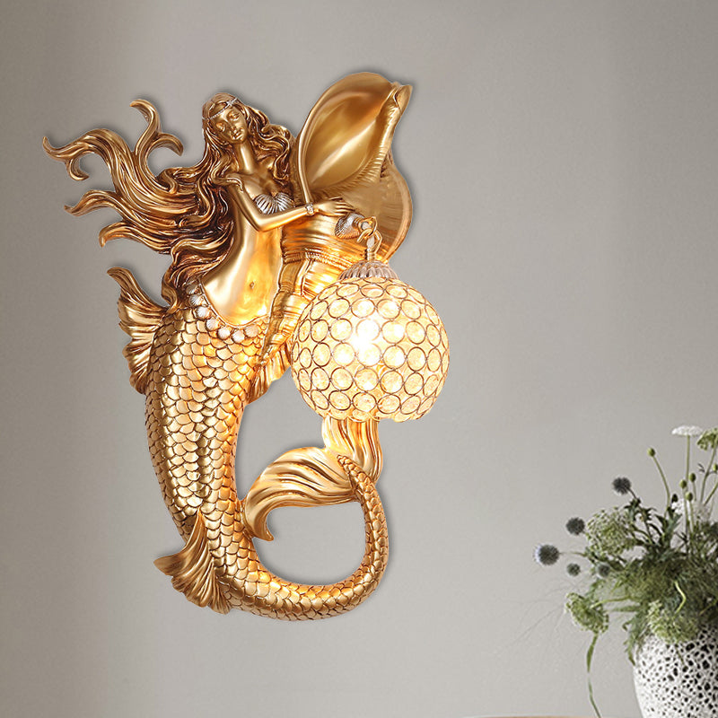 Farmhouse Sconce Light With Clear Beveled Crystal And Mermaid Design In Blue/Gold - Wall Mounted