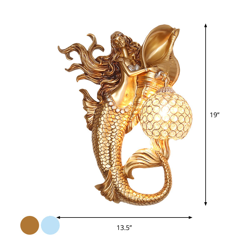 Farmhouse Sconce Light With Clear Beveled Crystal And Mermaid Design In Blue/Gold - Wall Mounted
