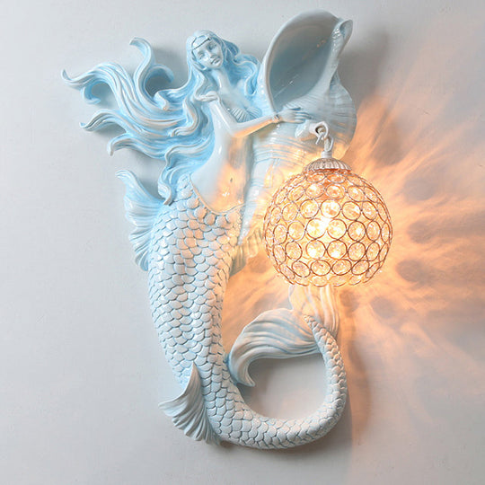 Farmhouse Sconce Light With Clear Beveled Crystal And Mermaid Design In Blue/Gold - Wall Mounted