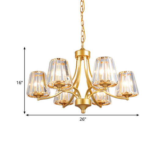 Minimalistic 6-Light Gold Pendant Chandelier With Conic Crystal Prisms & Curvy Arm