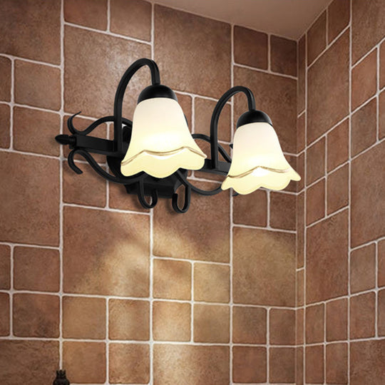 Traditional Frosted Glass Wall Sconce With Gooseneck Arm - Flower Bathroom Lighting Black 2/3-Head