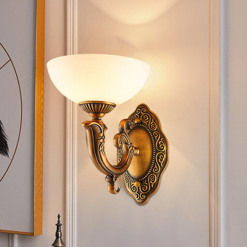 Rustic Brass Wall Sconce With Frosted Glass Shade - Swooping Arm Design For Ambient Lighting 1 /