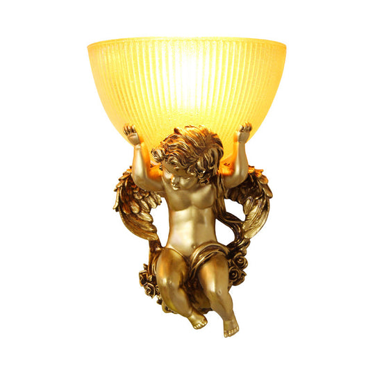Vintage Silver/White/Beige Resin Angel Wall Lamp With Amber Fluted Glass Shade