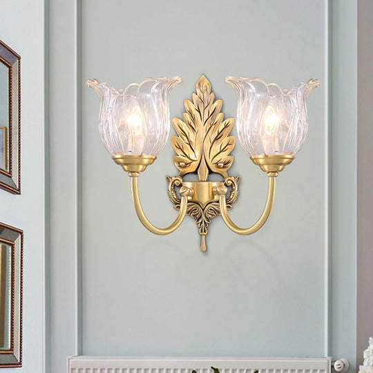 Classic Gold Wall Sconce With Clear Fluted Glass - Bloom Living Room Mount Light 2 /