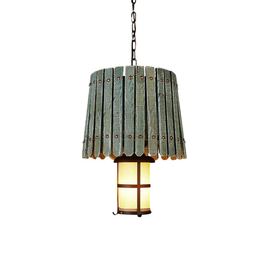Bar Hanging Light Kit - Opal Glass Lantern Pendant With Barrel Wood Design In Black