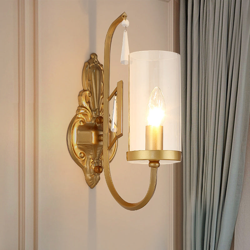 Country Clear Glass Wall Sconce With Curved Arm - Gold Cylinder Surface Lighting For Living Room 1 /