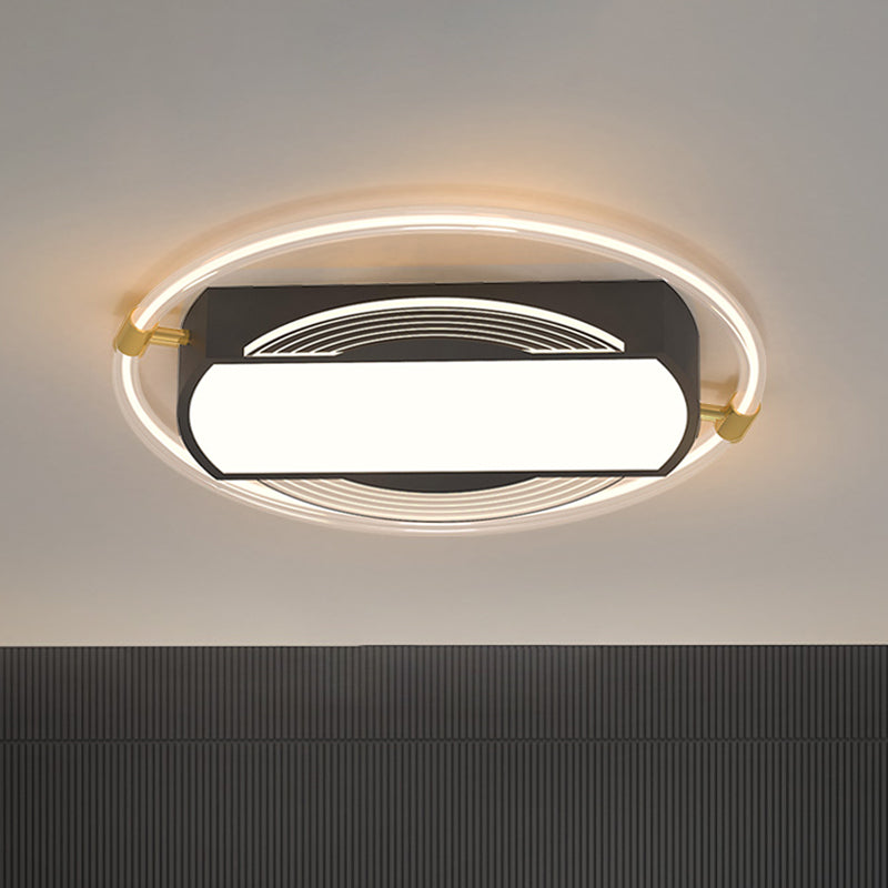 Modern Black Led Flush Mount Light For Bedrooms - Rectangle And Ring Acrylic Design