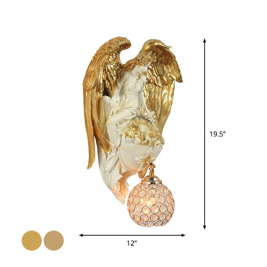 Classic Style Water Drop Crystal Wall Sconce With Angel And Blossom Design - Gold/Dark Gold Finish