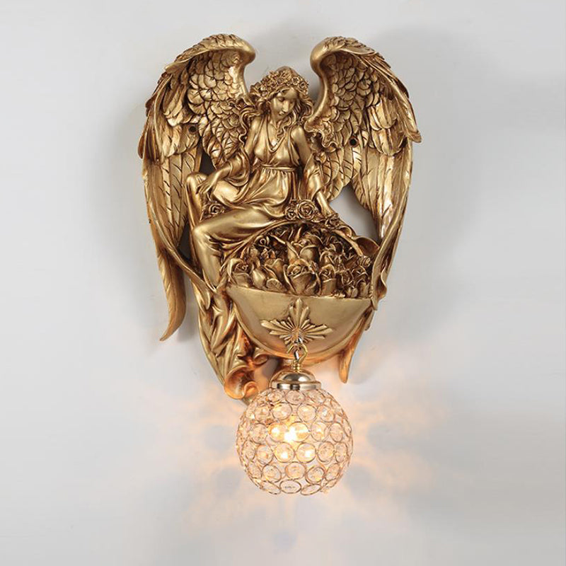 Classic Style Water Drop Crystal Wall Sconce With Angel And Blossom Design - Gold/Dark Gold Finish