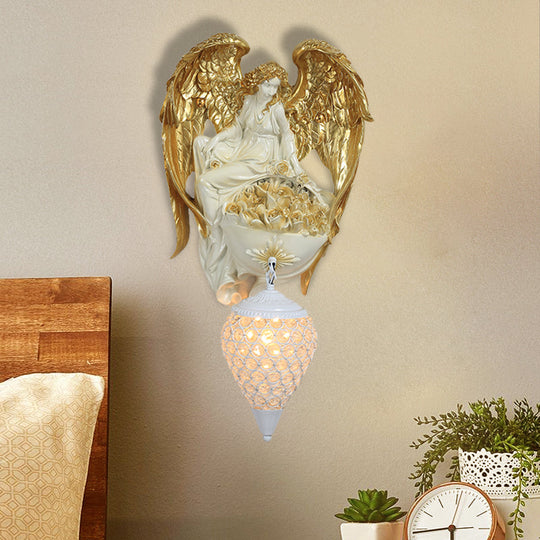 Classic Style Water Drop Crystal Wall Sconce With Angel And Blossom Design - Gold/Dark Gold Finish