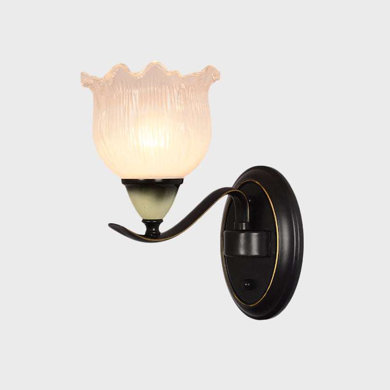 Vintage Blossom Sconce Lamp - Opal Ribbed Glass Wall Lighting In Black