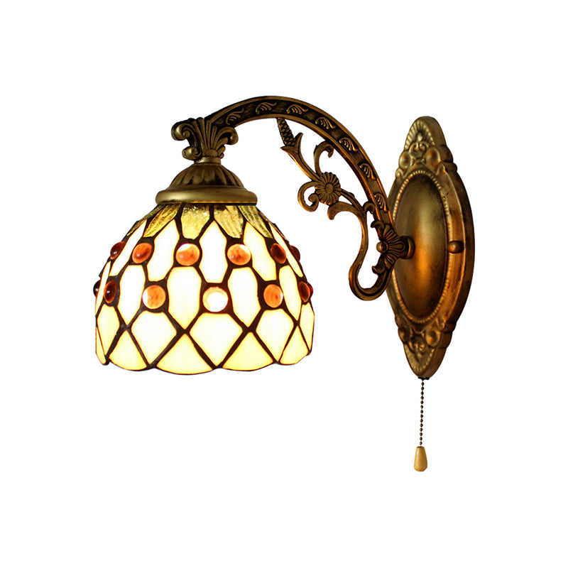 Vintage Stained Glass Dome Wall Mount Mini Sconce Light In Brass