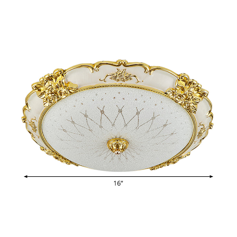 Vintage Frosted Glass Led Circular Dining Room Flush Light With Etching Flower Trim - Gold Ceiling