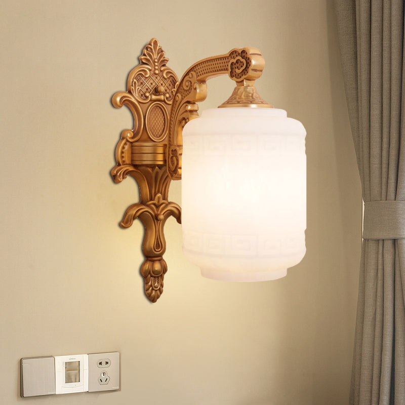 Opal Glass Wall Light With Traditional Brass Lantern Shade - Stylish Sconce Lighting For Living Room
