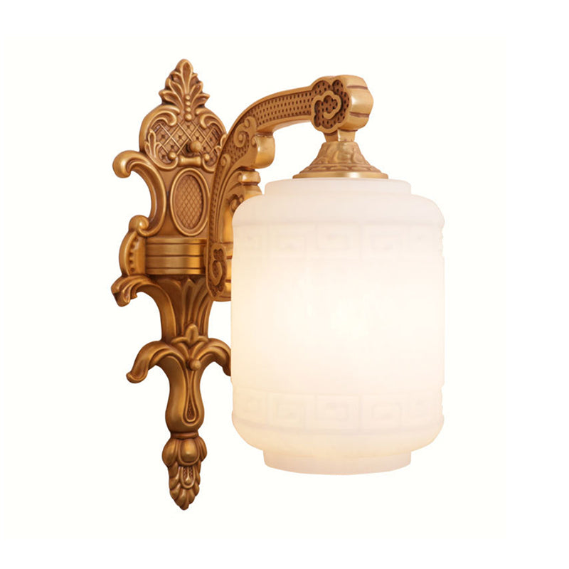 Opal Glass Wall Light With Traditional Brass Lantern Shade - Stylish Sconce Lighting For Living Room