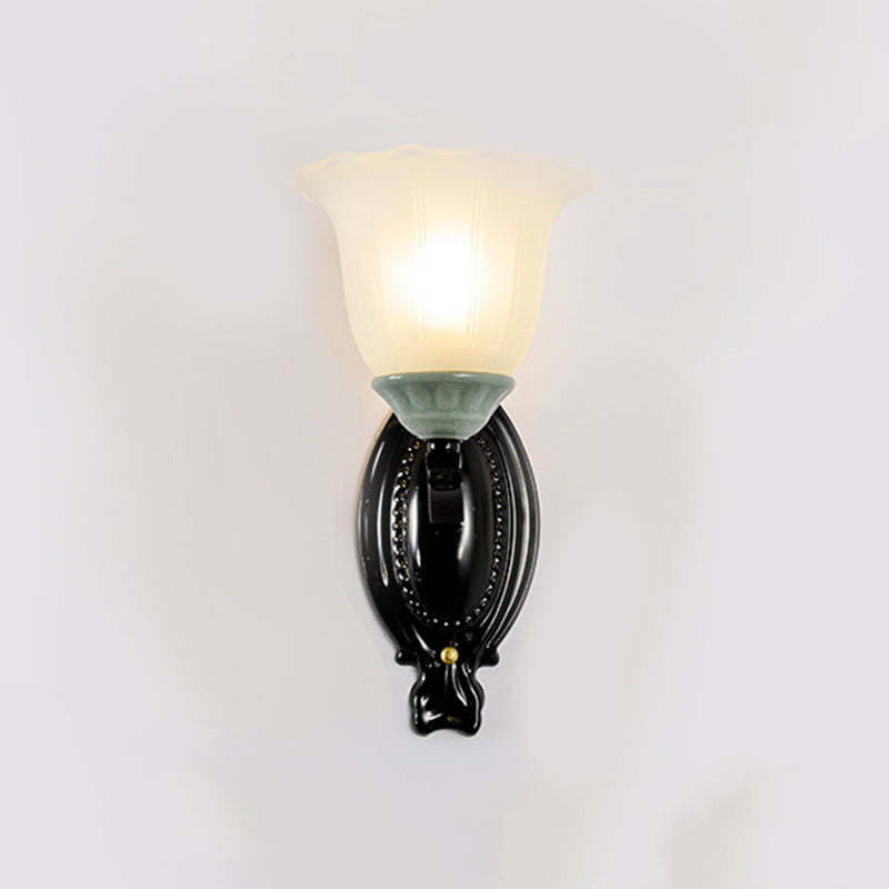 Retro Style Bedroom Wall Mount Lighting - 1/2-Light Sconce With Scalloped Bell Frosted Glass Shade