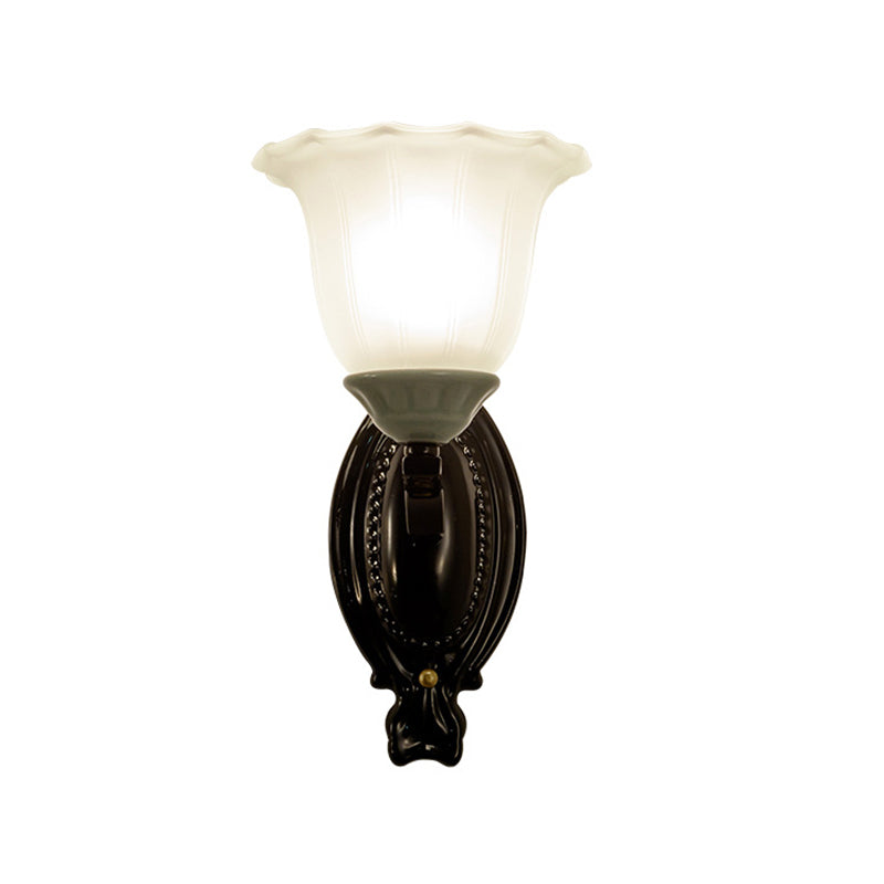 Retro Style Bedroom Wall Mount Lighting - 1/2-Light Sconce With Scalloped Bell Frosted Glass Shade