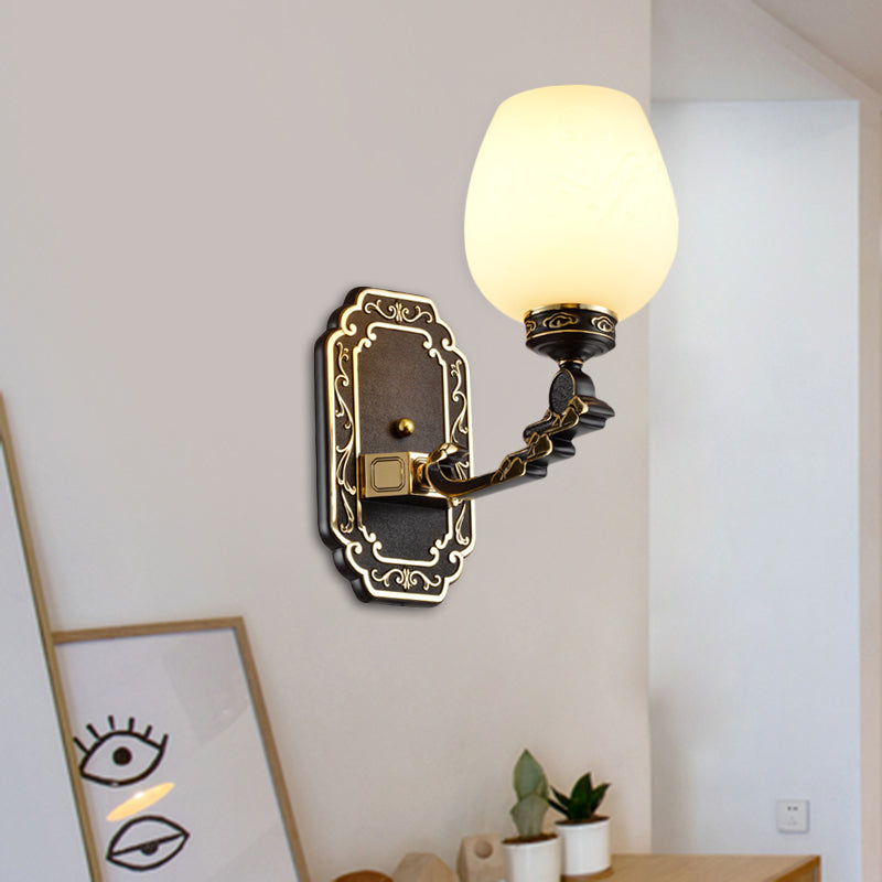 Classic Wall Sconce: 1-Head Cup-Like Design With Cream Glass Etching Black Mount And Mounted