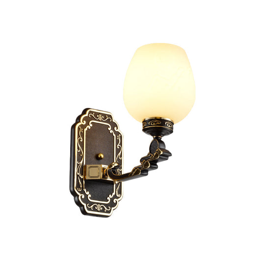Classic Wall Sconce: 1-Head Cup-Like Design With Cream Glass Etching Black Mount And Mounted