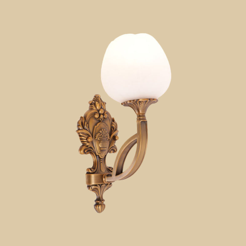 Rustic Flower Wall Mounted Lamp: 1-Light Cream Glass Sconce In Brass With Carved Backplate