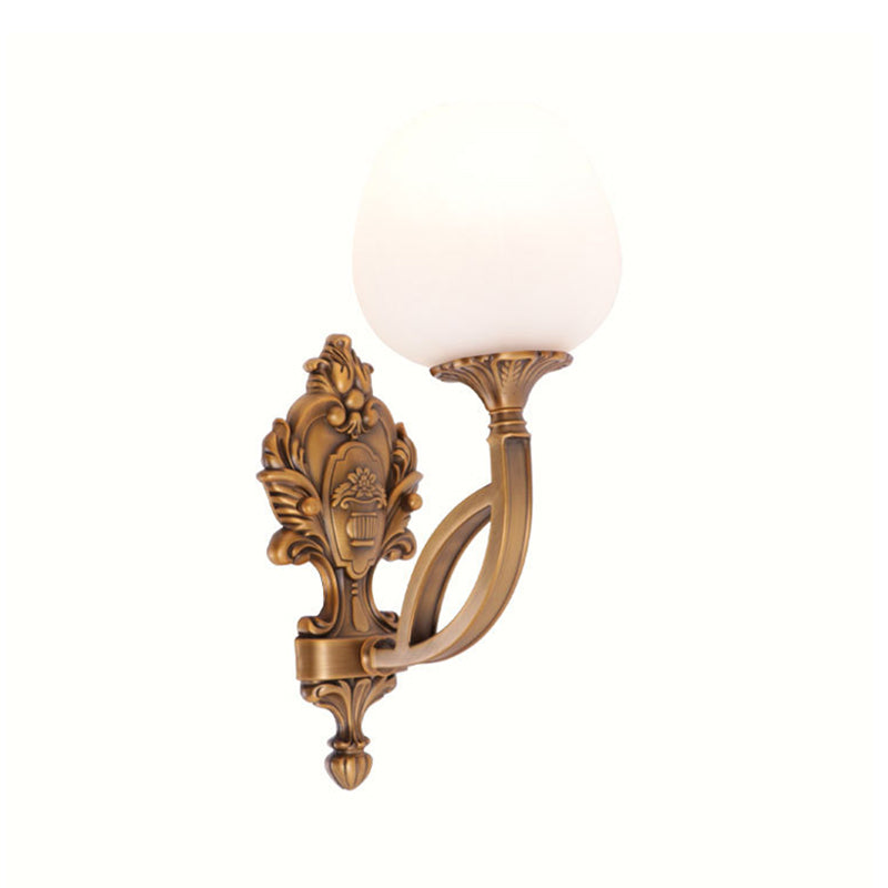 Rustic Flower Wall Mounted Lamp: 1-Light Cream Glass Sconce In Brass With Carved Backplate