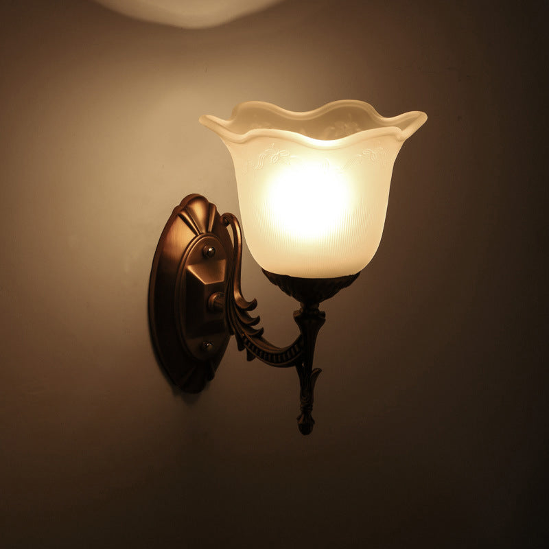 Rustic Scalloped Brass Bell Wall Light With Frosted Glass - Perfect For Living Rooms