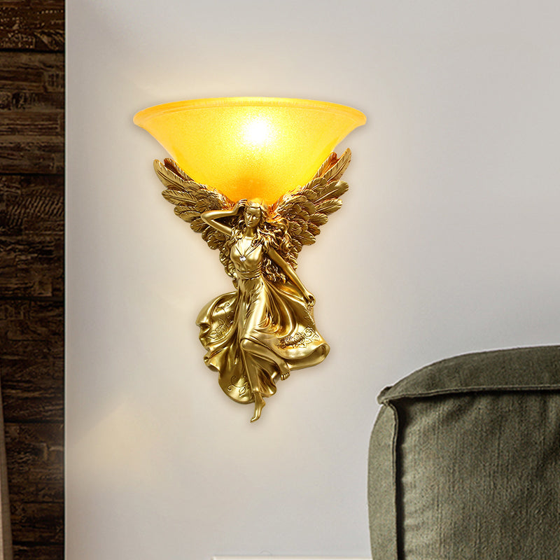 Traditional Frosted Glass Wall Sconce With Angel Backplate In White/Gold - 1 Bulb
