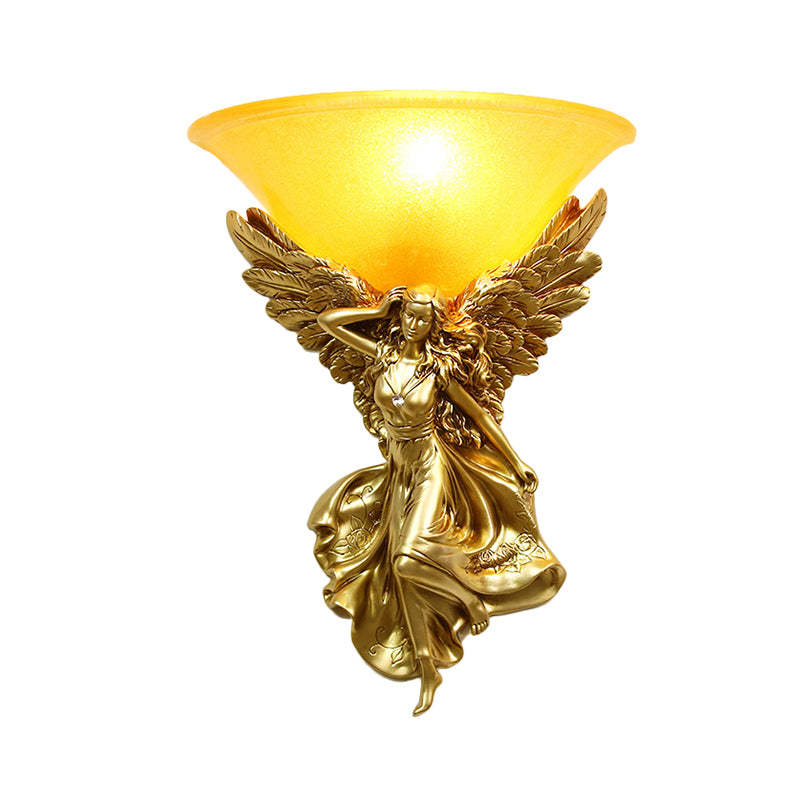 Traditional Frosted Glass Wall Sconce With Angel Backplate In White/Gold - 1 Bulb