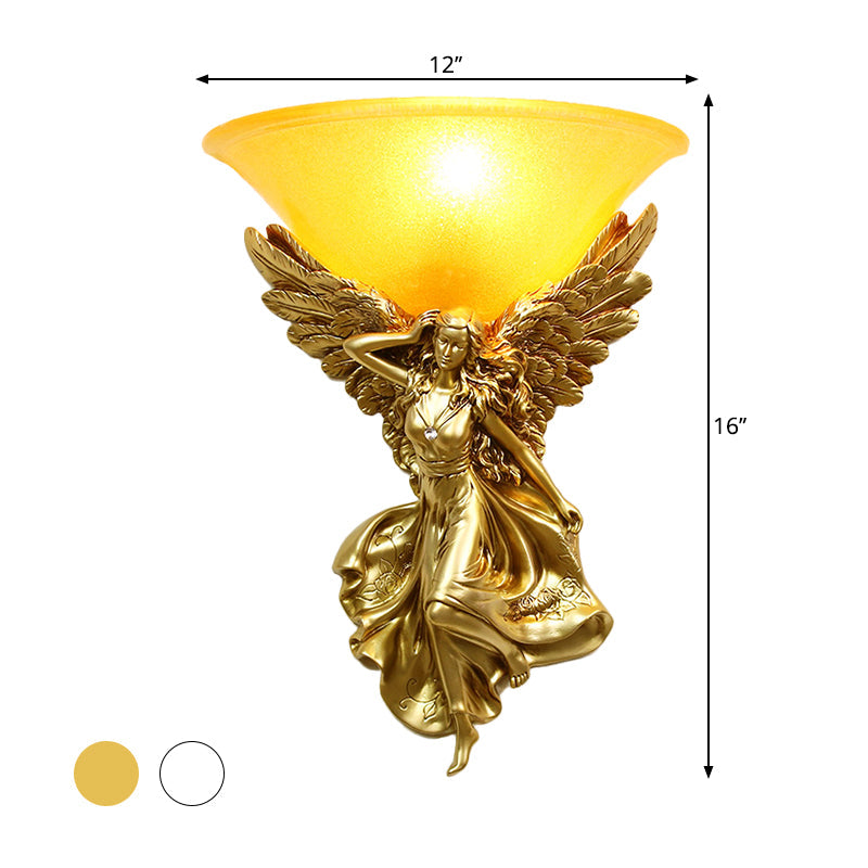 Traditional Frosted Glass Wall Sconce With Angel Backplate In White/Gold - 1 Bulb