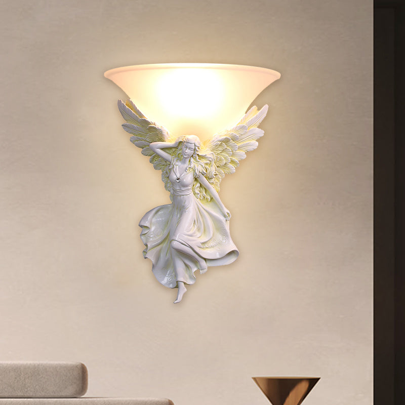 Traditional Frosted Glass Wall Sconce With Angel Backplate In White/Gold - 1 Bulb